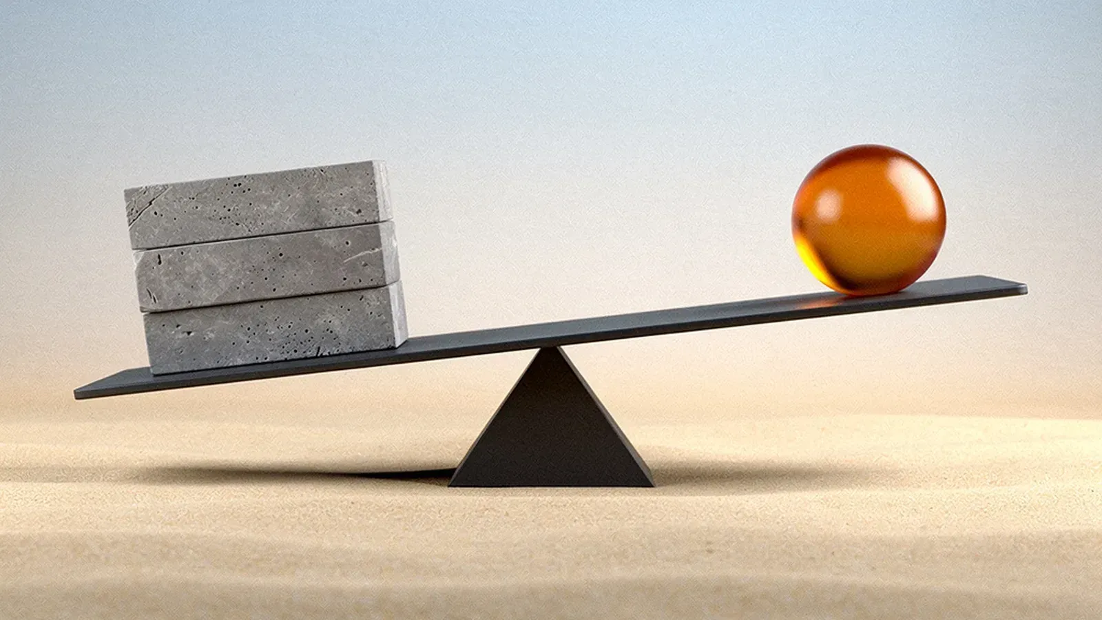A seesaw where a single amber glass sphere outweighs a stack of stone blocks